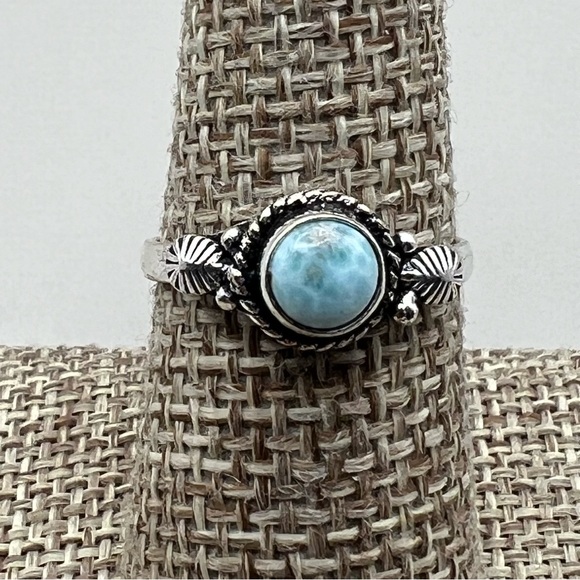 New Blue Larimar Stone Boho Silver Overlay Ring Size 7.5 - Picture 8 of 8